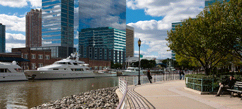 a harbor with boats and skyscrapers in a city